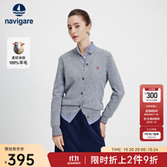 Navigare意大利小帆船毛衣外套女士秋冬款純羊毛圓領(lǐng)羊毛衫氣質(zhì)針織開衫 煙灰 L
