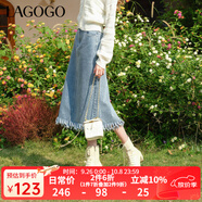 LAGOGO舒適高腰流蘇牛仔裙女拉谷谷春季新款復(fù)古A字休閑半身裙 淺牛仔藍(lán)(N7) L