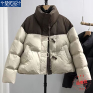 莫代爾2025冬季新款棉服韓版撞色棉服女牛角扣寬松時(shí)尚洋氣面包服短外套 米白拼咖 M 105-125斤
