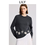 LILY2025冬新款羊毛混紡格雷系手工蕾絲雪花鉤花套頭針織衫毛衣女 501灰色 S