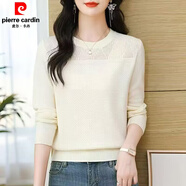 皮爾卡丹（pierre cardin）早春裝鏤空圓領(lǐng)長袖針織衫t恤女夏季媽媽寬松外穿上衣打底薄毛衣 米白色 M