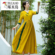 啄木鳥（TUCANO）2025春秋大碼女裝新款復古提花棉麻長裙休閑民族風大擺亞麻連衣裙 黃色 L 【90-120斤】