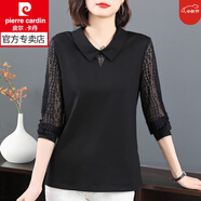 皮爾卡丹（pierre cardin）翻領(lǐng)長(zhǎng)袖上衣女春裝2025新款女士蕾絲寬松棉質(zhì)t恤中年春秋季 黑色 2XL 適合135-145斤