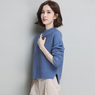 夏典素訂女王（SE.PSTP）2021秋冬新款純色半高領(lǐng)開(kāi)叉針織衫女裝套頭內搭洋氣毛衣打底衫潮 藍色 XL