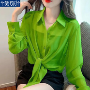 莫代爾春秋休閑百搭純色2025寬松襯衫女2法式甜美系帶薄款雪紡長(cháng)袖襯衣 綠色 M 建議95-105斤