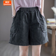 婍妡短褲女夏季薄款牛仔褲女闊腿寬松休閑褲開(kāi)叉松緊高腰哈倫短褲 黑色 M 90-120斤