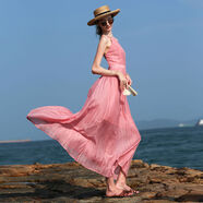 小紅書(shū)同款粉色海邊日落裙度假歐美連衣裙雪紡波西米亞沙灘裙吊帶 粉紅色 M