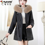 啄木鳥(niǎo)連帽帶大毛領(lǐng)皮衣外套女中長(cháng)款2026冬季新款抽繩收腰顯瘦加絨加厚 保暖黑色【抽繩收腰】 可拆大毛領(lǐng) XL 85-110斤