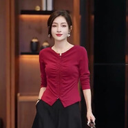 名媛套裝高端氣質(zhì)女神范秋裝歐貨美時(shí)尚套裝女式時(shí)尚長(zhǎng)袖上衣春秋 酒紅色 單件上衣 2XL （130-130斤）