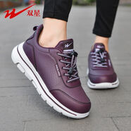 雙星（DOUBLE STAR）女棉鞋冬季加絨皮面防水中老年媽媽健步鞋男軟底運動(dòng)老人棉鞋 單鞋款/酒紅色 41