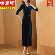 恒源祥高端金絲絨長(cháng)袖黑色媽媽連衣裙女長(cháng)裙新款春秋v領(lǐng)顯瘦氣質(zhì)一步裙 藍色 黛藍絲絨 S