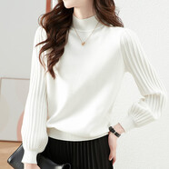 花花公子（PLAYBOY）女裝2025春秋新款內搭半高領(lǐng)泡泡袖針織打底衫純色毛衣 白色 S 2碼=
