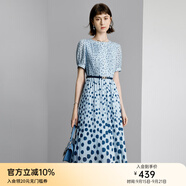 顏域時尚波點連衣裙2024新款女夏季通勤藍色圓領(lǐng)中長款短袖裙子女 藍波點 S/36