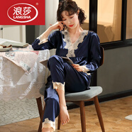 浪莎（LangSha）輕奢情侶睡衣女春秋季長(cháng)袖套裝年新款夏天短袖冰絲男士薄款家居服 藍色氣質(zhì)款長(cháng)袖長(cháng)褲 M 女（80-斤）