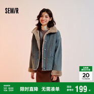 森馬（Semir）牛仔棉服女拼接毛領(lǐng)美式復古2024冬寬松毛邊夾克街頭109724108017