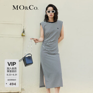 MO&Co.MC刺繡捏褶收腰條紋寬肩無(wú)袖不對(duì)稱連衣裙氣質(zhì)裙子摩安珂 白黑條色-第2批 S 160