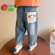 貝貝怡（Bornbay）2025秋季女童牛仔褲潮流可愛(ài)印花秋款兒童中小童牛仔長(cháng)褲子 淺藍色 C203笑臉牛仔褲 90