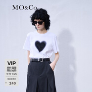 MO&Co.歐根紗立體愛心圓領短袖寬松純棉小白T恤夏上衣上裝基礎黑白 漂白色-第2批 L 170