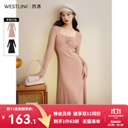 西遇針織連衣裙女2025年春季新款顯瘦打底掛脖長袖中長款收腰小裙子 粉色 M