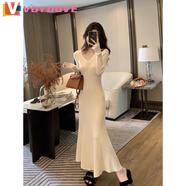 VOYDOVE氣質(zhì)V領(lǐng)針織毛衣連衣裙女秋冬性感辣妹小媽大衣內搭包臀魚(yú)尾長(cháng)裙 米白色【z】 XL