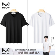 貓人（MiiOW）莫代爾男士V領(lǐng)短袖t恤2025新款打底衫夏季冰絲白色透氣上衣服 黑色+白色 V領(lǐng) L 【120-135斤合身】