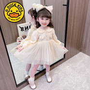 G.duck小黃鴨女童公主裙春秋季洋氣超仙女寶裙子秋天裝時尚兒童連衣裙 米白色蕾絲娃娃領(lǐng)連衣裙 90