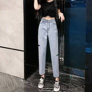 OLOEY淺色破洞牛仔褲女春秋夏季新款高腰寬松直筒哈倫直筒老爹褲 【腰帶】+918淺藍 (破洞款) S