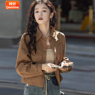 婍妡設(shè)計(jì)感小眾短外套復(fù)古長(zhǎng)袖襯衫2025春季簡(jiǎn)約純色短款小個(gè)子襯衣女 焦糖色_高端面料 S _85-100