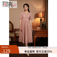 固執(zhí)（OBSTINATE）【特價(jià)】夏季新款法式復(fù)古刺繡短袖中長(zhǎng)款齡氣質(zhì)連衣裙女裝 豆沙紅色 S