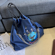 酷奇袋鼠日本ball chain環(huán)保袋高圓圓包刺繡尼龍帆布包購物袋斜挎女包 藏青色太空人中號+黑色肩帶