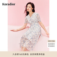 珂萊蒂爾[瑰麗小蠻腰]夏通勤茶歇印花優(yōu)雅氣質(zhì)獨特連衣裙 淡藍 M