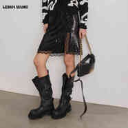 LEDIM WANG白標夜光漣漪蕾絲亮片半身裙女25秋冬新款開(kāi)叉黑色短裙 黑色（現貨） M 【身高160-170，體重55-60】