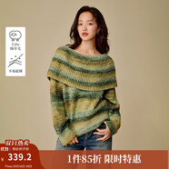茵曼（INMAN）2025秋冬女裝新款一字肩大翻領(lǐng)撞色條紋毛衣圓領(lǐng)寬松針織衫 綠色 S