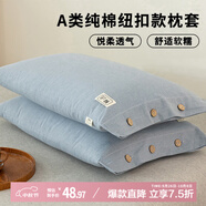 艾薇 A類(lèi)純棉紐扣款枕套純色一對(duì)裝母嬰級(jí)色織水洗棉枕頭套 藍(lán)色