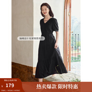 茵曼（INMAN）法式薄荷曼波連衣裙2024夏女裝新品V領(lǐng)燈籠袖抽繩 午夜黑 XL
