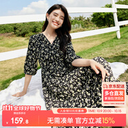 尚都比拉度假風碎花連衣裙女夏天V領(lǐng)氣質(zhì)中長裙收腰A字雪紡裙子 黑花 L