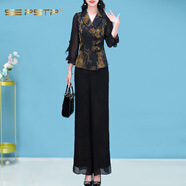 夏典素訂女王（SE.PSTP）新中式時(shí)尚媽媽裝春季套裝2025新款遮肉顯瘦氣質(zhì)顯瘦闊腿褲兩件套 黑色 XL 建議：110-125斤