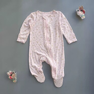 嬰幼兒雙向鏈連身衣連襪子純棉包手BB衫新兒寶寶包腳睡覺(jué)衣服 淺粉小兔子（竹纖維薄款連襪子） 36cm 0-3M新生兒碼適合22度左右
