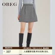 OBEG歐碧倩秋冬花苞式半身裙女千鳥(niǎo)格羊毛呢A字裙子10404108 黑格 155/XS/34