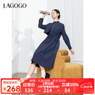 LAGOGO抽繩收腰文藝通勤連衣裙女拉谷谷春秋新款不對稱(chēng)設計a字裙 藏青色(M0) L