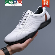 卡帝樂鱷魚（CARTELO）高端品牌休閑鞋男款夏季透氣皮面男鞋頭層牛皮軟底運動皮鞋男真皮 白色 3736真皮內(nèi)里  37