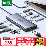 綠聯(lián)Type-C雙HDMI三屏異顯擴(kuò)展塢USB-C雷電4/5拓展塢8K高清多屏炒股擴(kuò)展適用華為聯(lián)想筆記本支持MST