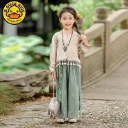 G.duck2025新款漢服女童民族風(fēng)套裝寶寶秋裝民族風(fēng)演出服姐妹春秋季衣服 長(cháng)袖宋韻送項鏈 90 cm