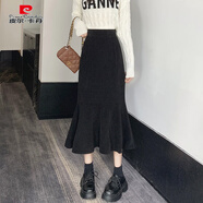 皮爾卡丹黑色魚(yú)尾裙女秋冬2025新款高腰包臀裙中長(cháng)款A字裙半身裙半裙長(cháng)裙 黑色 S