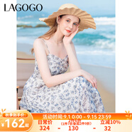 lagogo萊賽爾法式碎花褶皺吊帶裙女拉谷谷夏季新款高腰A字連衣裙 混色(Y0) L