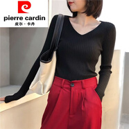 皮爾卡丹（pierre cardin）毛衣女新款秋冬長(cháng)袖上衣修身顯瘦百搭純色套頭v領(lǐng)大碼針織打底衫 903#V領(lǐng)長(cháng)袖-黑色 2XL 收藏店鋪享優(yōu)選發(fā)貨哦