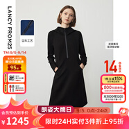 朗姿設計感復古休閑連帽收腰輕運動(dòng)衛衣連衣裙冬季新款裙子 黑色2 M