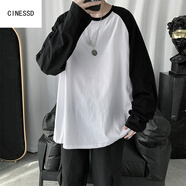 CINESSD春季港風(fēng)ins超火拼接長(cháng)袖T恤男寬松潮流原宿bf風(fēng)中袖打底衫上衣服 白色 M