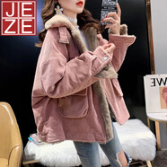 JEZE羊羔毛工裝燈芯絨外套女秋冬季寬松百搭毛毛保暖加絨加厚棉衣棉服 粉色【z】 XL 125-140斤