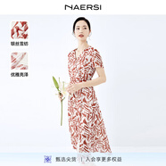 娜爾思（NAERSI）銀蔥雪紡法式印花風(fēng)情v領(lǐng)連衣裙夏新款氣質(zhì)度假裙 中紅色 M 38